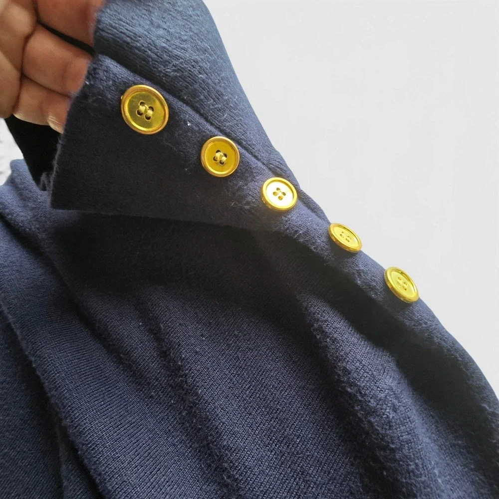 Cielo Navy Blue Turtleneck Sweater Gold Button Detail Soft Knit Womens S Preppy